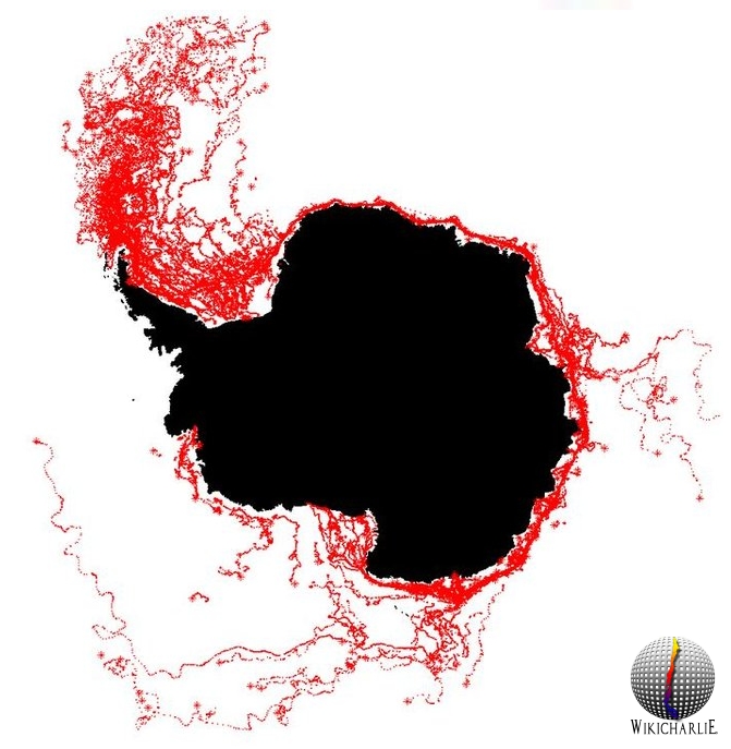 Historial de icebergs desprendidos en rojo. Seis dispersómetros satelitales se usaron para realizar un seguimiento de los icebergs alrededor de la Antártida. La imagen muestra en rojo el movimiento de traslado de los iceberg de 1999 a 2010/Fuente: ESa