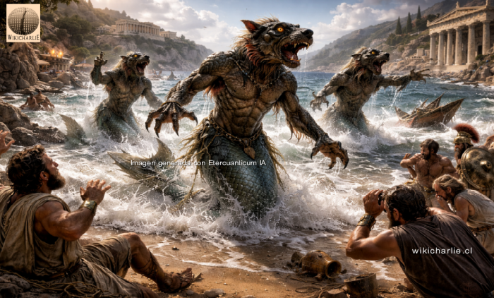 La imagen recrea la primera vez que Los Telquines salieron del océano en la Isla de Rodas, dejando con pánico a los griegos. // Imagen realizada por Etercuanticum IA