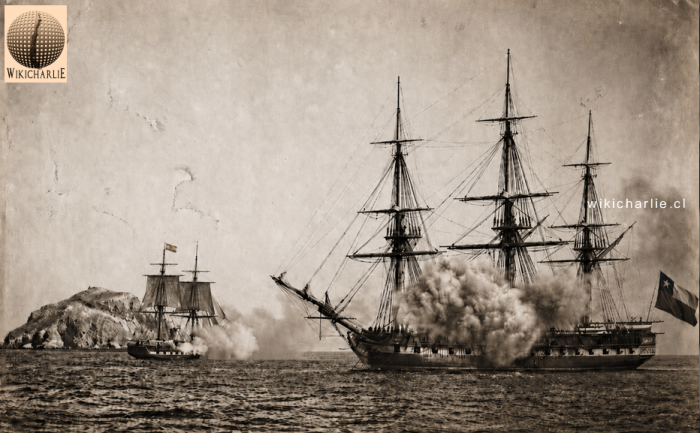 Imagen histórica del "Combate Naval de Valparaíso" el día 27 de abril de 1818. Fragata chilena "Lautaro", al mando del comandante Jorge O´Brien, atacando a los buques españoles que bloquean Valparaíso. En la escena se observa a la fragata chilena "Lautaro" atacando a la fragata española "Esmeralda". Los chilenos se acercaron y abordaron a la fragata española. Esta captura fracasó y el comandante Jorge O’Brien perdió la vida en el intento. Este combate tuvo el efecto de levantar el bloqueo de Valparaíso y hacer perder a los españoles su espíritu ofensivo.