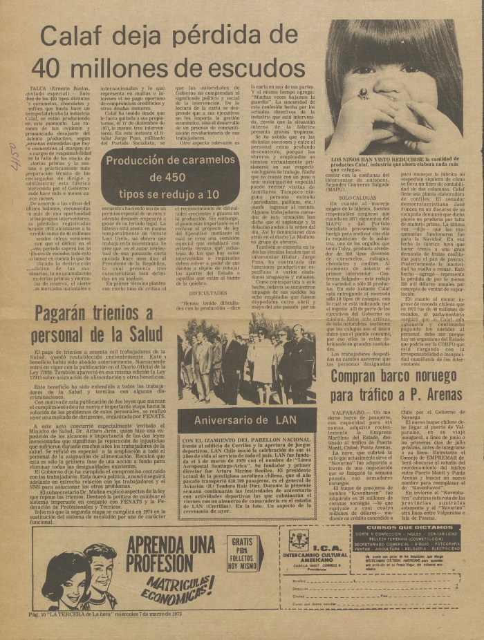 Reportaje sobre Calaf, aparecido en el diario La Tercera el 7 de marzo de 1973.
