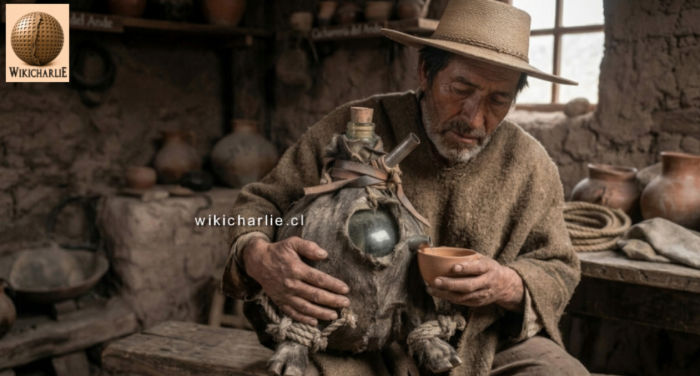 La imagen nos muestra a un Huachuchero manipulando un "Chuico", protegido con un cuero de Chivo para transportarlo.