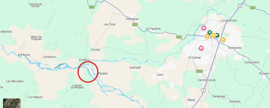Mapa de la ubicación del desaparecido puerto que tenia Talca, llamado Puerto Linares de Perales.