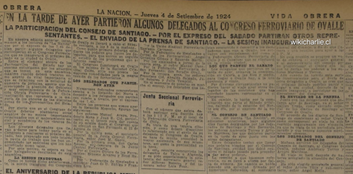 Articulo sobre el Congreso Ferroviario de Ovalle realizado el 4 septiembre de 1924.