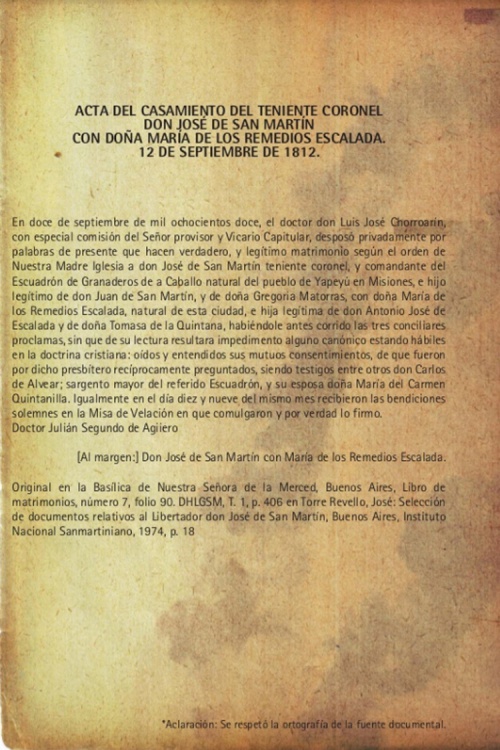 Acta de matrimonio de San Martín y Remedios, 12 de septiembre de 1812.