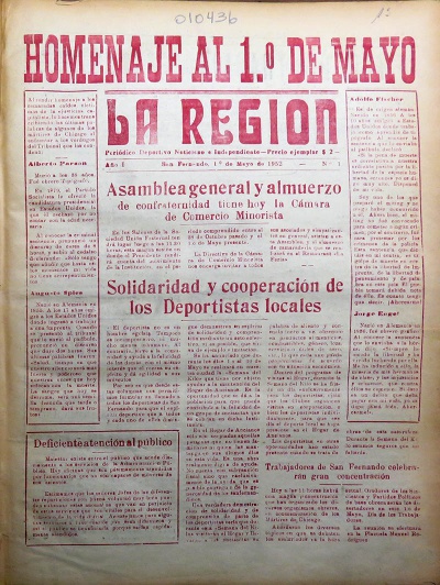 Primer número del Diario La Región, aparecido el 1 de mayo de 1952, en San Fernando