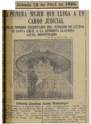 Articulo sobre la primera mujer en ocupar un cargo judicial en Chile, Claudina Acuña Montenegro, 18 de abril de 1925. El Mercurio.