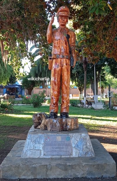 La imagen nos muestra el monumento en madera en honor a los dos mártires de Carabineros de Chile. Está se encuentra en la Plaza de Putú. La obra, del artista Manuel Vallejos Suazo, está fabricada con madera de ciprés y tiene una altura superior a los tres metros. Con esto se busca recordar al Sargento 1º Fredi Fernández Garcés y al Cabo 1º Mauricio Roca Sepúlveda, quienes murieron el pasado 25 de enero cuando acudían a ayudar a vecinos del sector de Maquehua.
