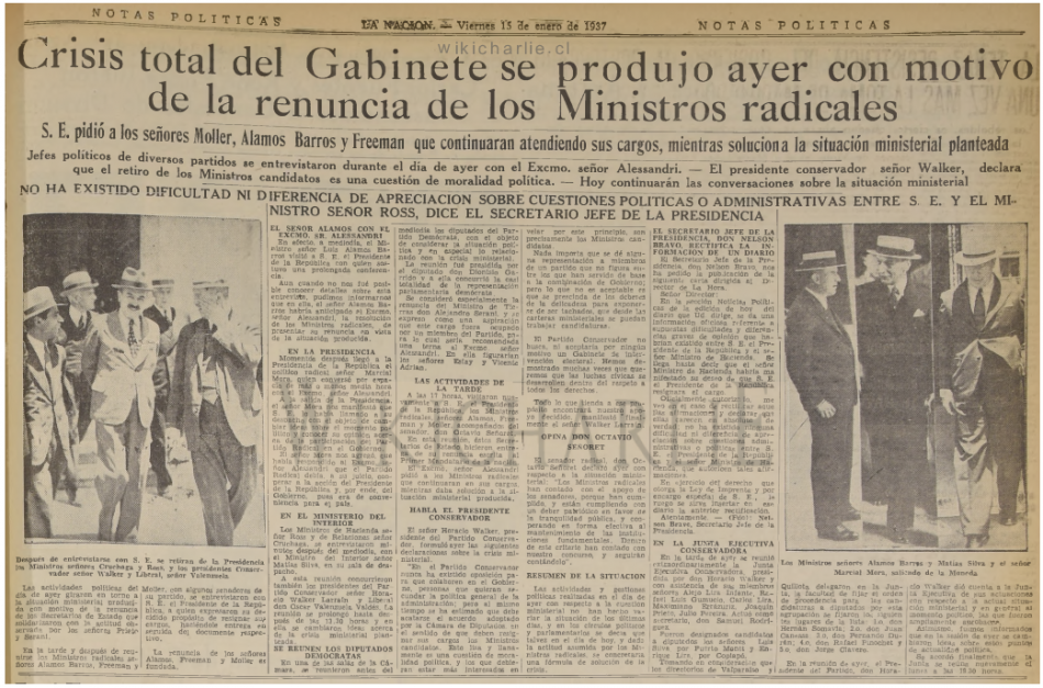 Articulo sobre la Crisis de gabinete, aparecido en el Diario La Nación del 15 de enero de 1937.